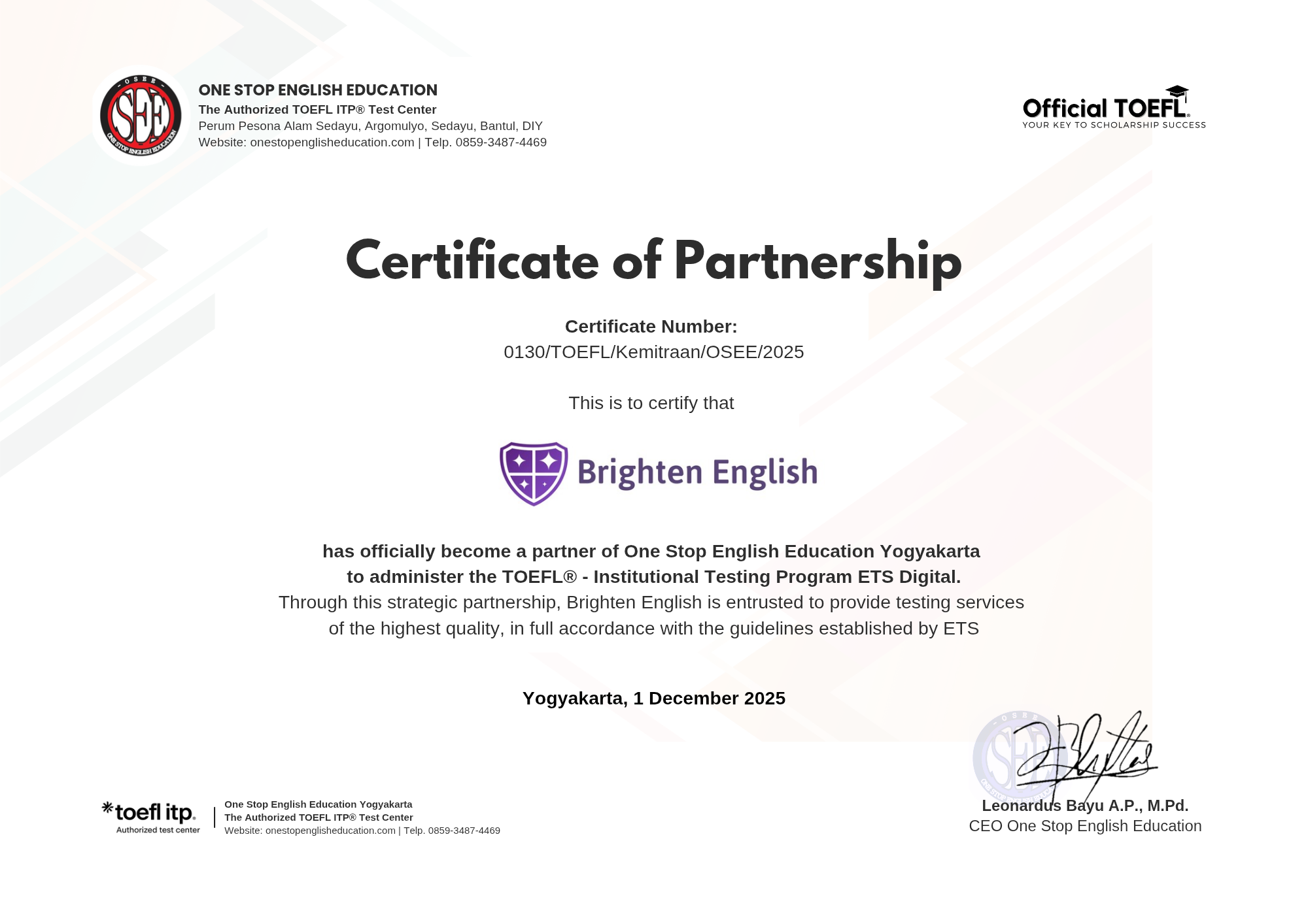 Certificate of Partnership Brighten English dan One Stop English Education