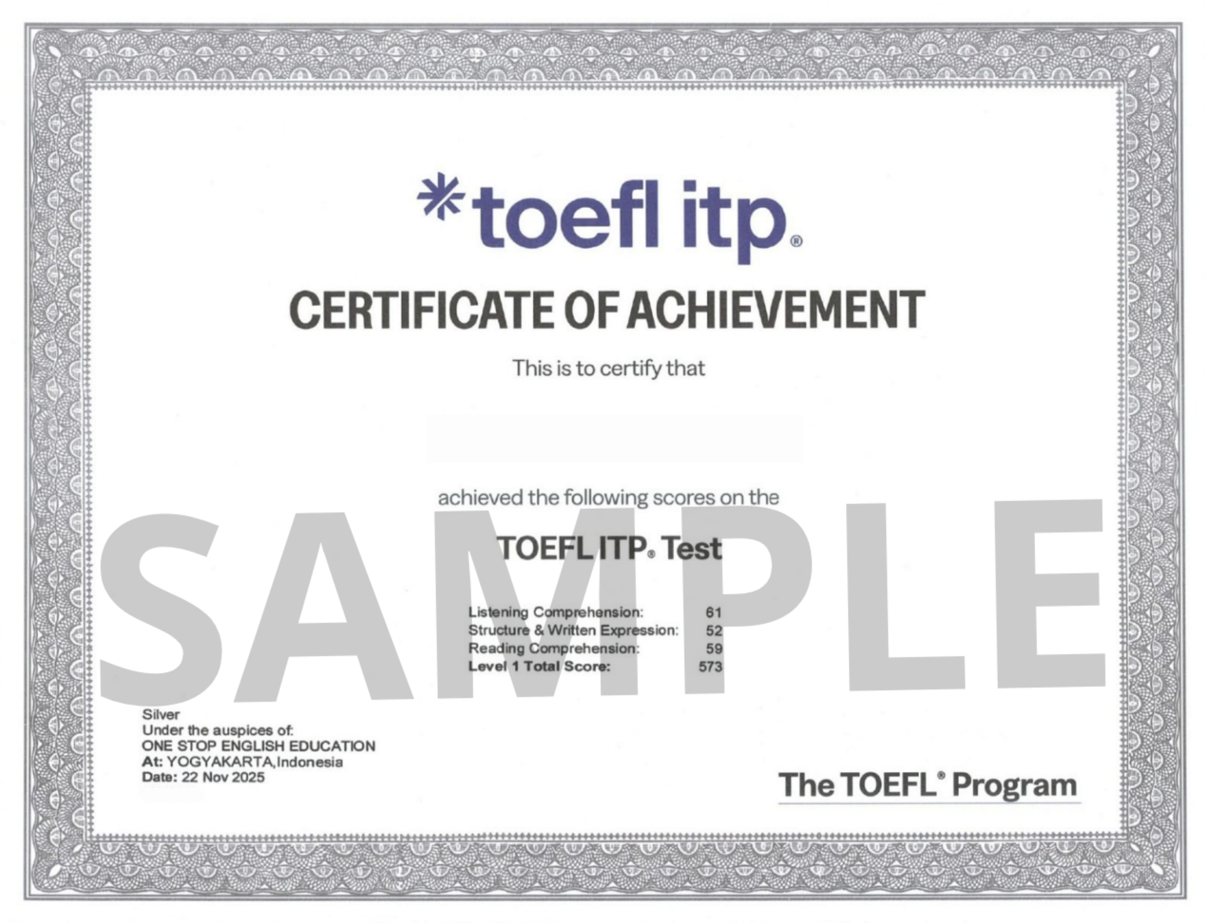 Contoh sertifikat TOEFL ITP Certificate of Achievement