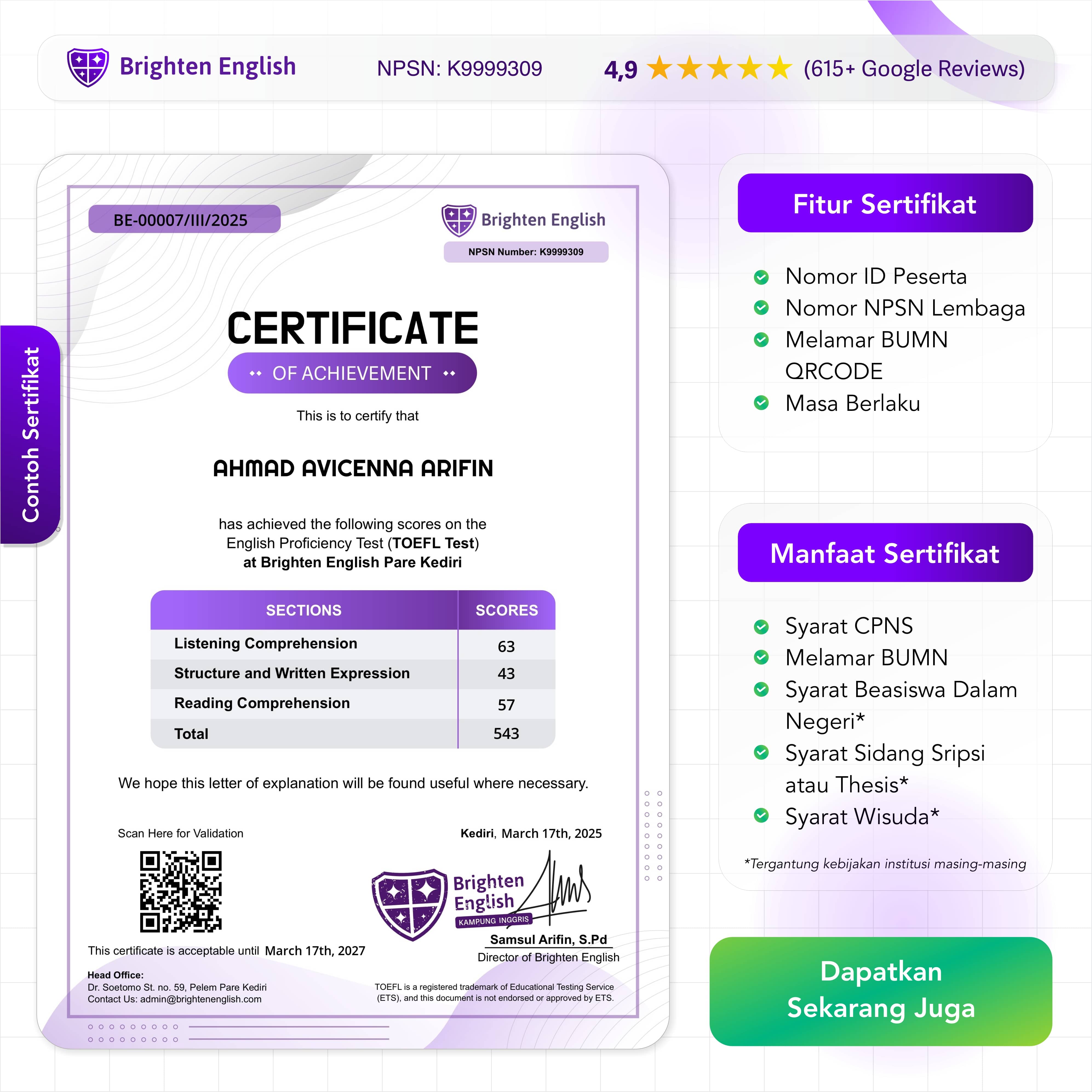 Contoh sertifikat TOEFL Prediction Brighten English beserta fitur dan manfaatnya